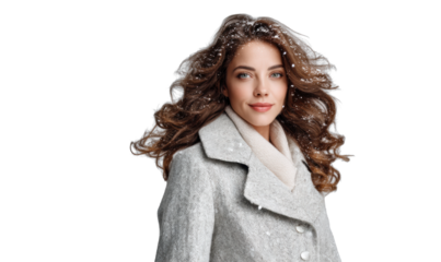Woman in Winter Coat with Snowflakes on Hair on Transparent Background