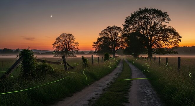 A dirt road at dusk with trees and fireflies and a crescent moon in the orange sky above the horizon - Powered by Adobe