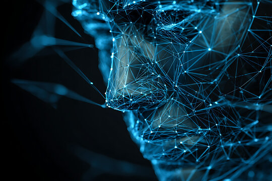 Stunning digital abstract human face constructed from glowing blue geometric network connections symbolizing AI and advanced technology