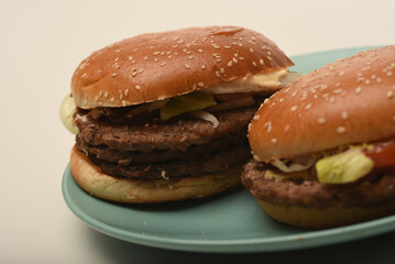 Hamburger with meat and vegetables. Fast food. Hamburger on a plate.