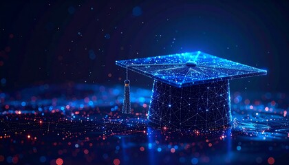 A futuristic digital graduation cap made of a glowing wireframe, symbolizing the intersection of academic achievement, e-learning, and future technology