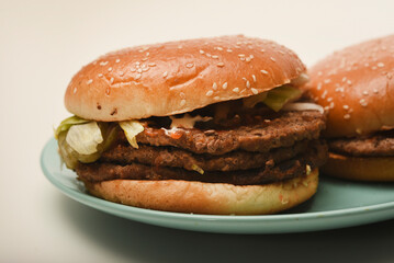 Hamburger with meat and vegetables. Fast food. Hamburger on a plate.