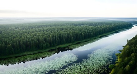 Aerial view of a long river flowing through a dense evergreen forest under a misty sky