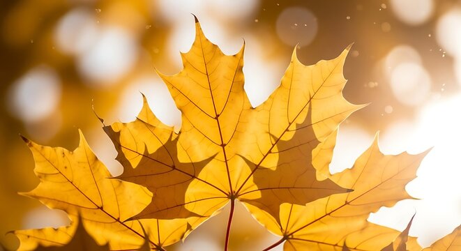 Golden autumn maple leaves backlit by sun fall maple leaf