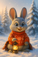 Festive Bunny in Snowy Forest Holding Lantern in Cozy Sweater