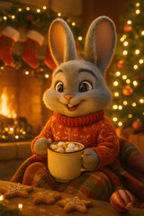 Cozy Christmas Bunny by Fireplace with Hot Chocolate and Holiday Decor