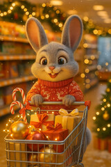Festive Bunny Shopping with Gift-Filled Cart in Holiday Store