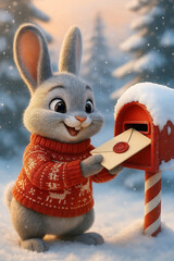 Festive Bunny Mailing Holiday Letter in Snowy Forest with Red Mailbox