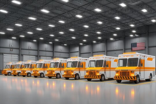 Efficiently arranged fleet of food truck vehicles in a spacious warehouse environment showcasing modern design elements and functionality emphasizing logistics potential