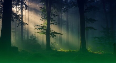 Ethereal sunbeams pierce through a misty forest canopy