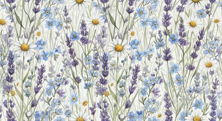 A repeating pattern of daisies, forget me nots and lavender flowers on a white background artwork