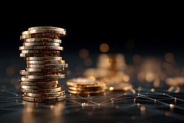 Shimmering gold coins stacked high on a digital network grid, symbolizing financial growth, investment success, and global connectivity