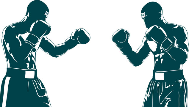 Two silhouette boxers face off in intense combat ready stance dynamic action silhouette