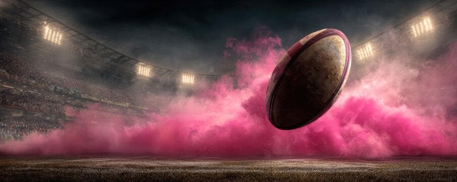 A rugby ball glides through pink smoke in a vibrant stadium, with bright lights illuminating the stands and a lush green field, capturing the excitement of the game.