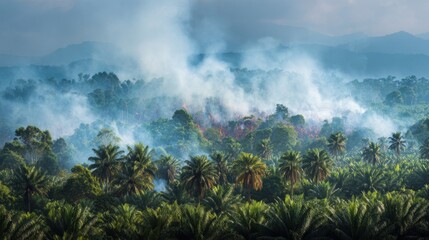 A dramatic scene of a burning rainforest, showcasing thick smoke and flames engulfing palm oil trees. The foreground highlights a palm plantation, emphasizing the harsh reality of deforestation.