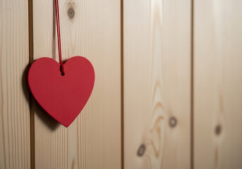 A red wooden heart hanging against a rustic wood panel background, a charming and romantic visual for Valentine's Day, love, or country-style decor