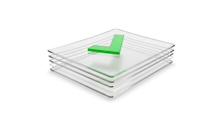 Stack of Transparent Documents with Green Check Mark.