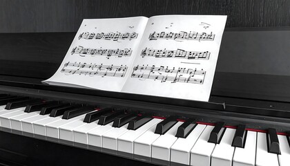 Piano with Sheet Music Displayed on Stand.