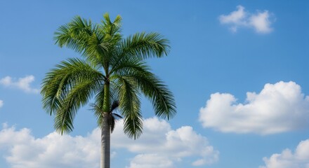 Obraz premium A solitary Royal Palm tree stands tall against a vibrant blue sky dotted with fluffy white clouds, showcasing its lush green fronds.