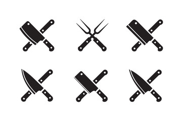 crossed chef knife cleaver and meat fork silhouettes six vector icons ideal for butcher steakhouse logo signage and menu design