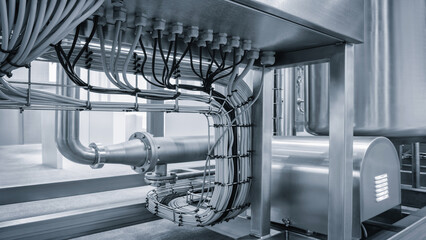 Bottom up view of industrial machine pipes in factory, industrial concept background