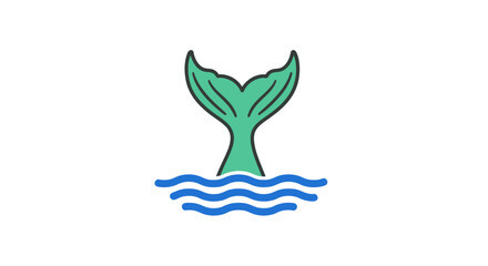 A simple graphic illustration of a green whale tail fluke diving into blue ocean waves.
