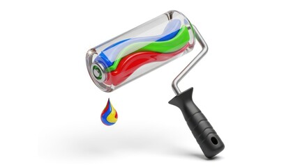 Paint Roller With Colorful Swirls of Paint and Dripping Drop.