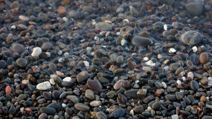 A collection of wet, smooth, multicolored sea stones. The concept of tranquility and serenity serves as a textured backdrop for a web banner page template design.