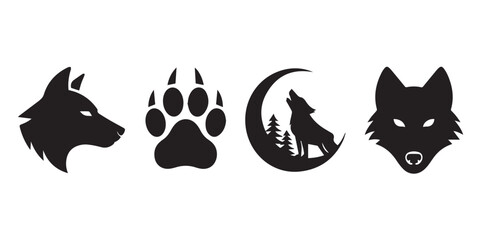 versatile wolf icon and silhouette bundle: profile head howling crescent moon paw mark and frontal wolf portrait © AIcon Star