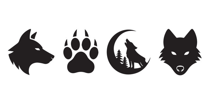 versatile wolf icon and silhouette bundle: profile head howling crescent moon paw mark and frontal wolf portrait