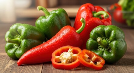 Fresh Red and Green Bell Peppers and Chili Peppers on a Wooden Surface.