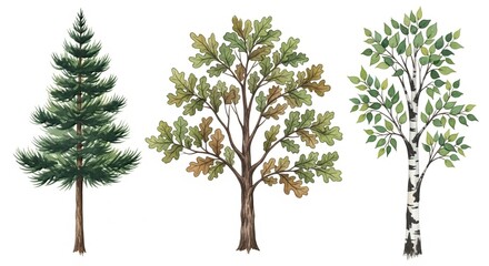 A watercolor illustration of three different types of trees on a plain white background surface
