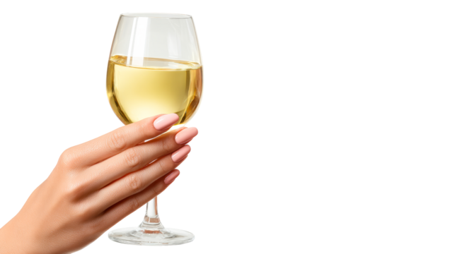 Hand holding glass of pale yellow liquid, cut out transparent - Powered by Adobe