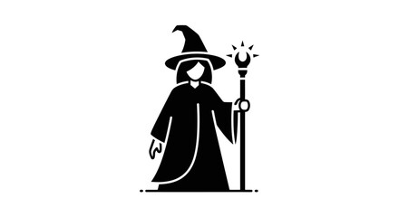 Mysterious black silhouette wizard icon with pointed hat and glowing magic staff. © wong