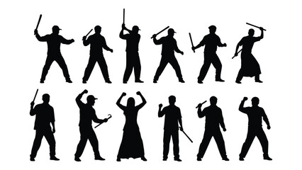 Silhouette figures of warriors in dynamic poses with weapons diverse action poses silhouette