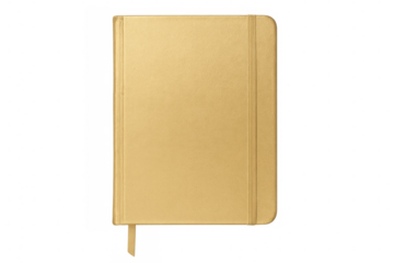 Gold notebook with elastic closure and bookmark on transparent background for planning, writing, and organizing ideas