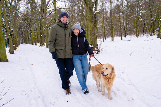 Man And Woman Walk Golden Retriever Dog In Winter Through Snowy Park