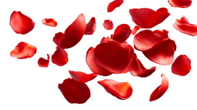 Red rose petals floating in air against white background, cut out transparent