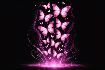 Pink Butterflies Emerging from Glowing Light on Black Background image photo