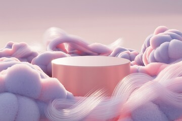 Pink Cylindrical Podium Surrounded by Soft Pink and Purple Clouds Keywords: podium, display