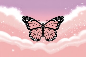 Pink Monarch Butterfly Flying Over Pastel Clouds and Stars insect wings