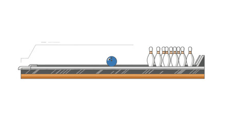 Side view illustration of a bowling lane with a blue ball rolling towards ten white pins.