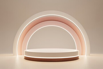 Rainbow Arch Display with Tiered Pedestal and Subtle Wood Accent stage podium