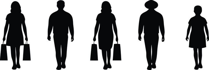 Silhouette Crowd of Shoppers Walking Together Group of People Enjoying Retail Shopping Day with Shopping Bags Ready for Black Friday Deals