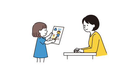 A cute young girl in a blue dress proudly showing her hand-drawn portrait to her smiling mother.