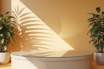 Round Display Podium With Plants And Palm Leaf Shadow On Yellow Wall stage product