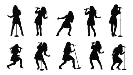 Diverse female singer silhouettes performing live music on stage with microphones silhouette