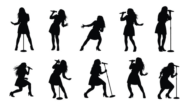 Diverse female singer silhouettes performing live music on stage with microphones silhouette
