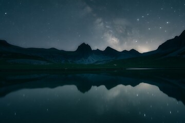 Starry Night Sky Over Mountain Lake with Milky Way Reflection Keywords: night, starry, stars, sky