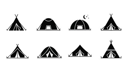 Collection of diverse silhouette camping tents and wigwam icons for outdoor adventure and recreation silhouette © BIPUL